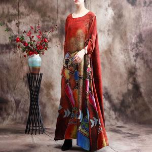 Tribal Character Prints Red Flare Dress Silk Satin Long Frock