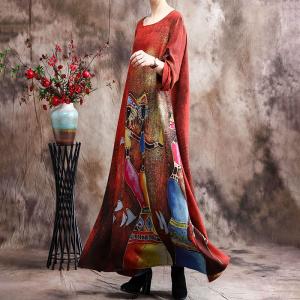 Tribal Character Prints Red Flare Dress Silk Satin Long Frock