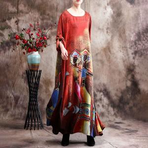 Tribal Character Prints Red Flare Dress Silk Satin Long Frock