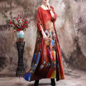 Tribal Character Prints Red Flare Dress Silk Satin Long Frock