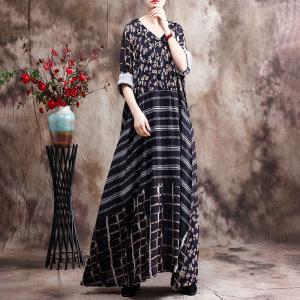 Striped and Floral Flare Dress Silk V-Neck Loose Spring Dress
