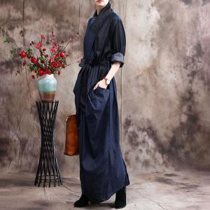 Front Cross Blue Denim Maxi Dress Belted Loose Wrap Dress