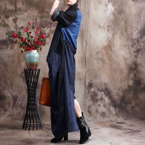 Front Cross Blue Denim Maxi Dress Belted Loose Wrap Dress