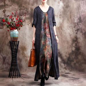 Senior Women Printed Gray Dress Loose Asymmetrical Spring Dress