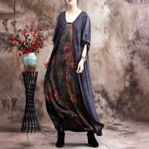 Senior Women Printed Gray Dress Loose Asymmetrical Spring Dress