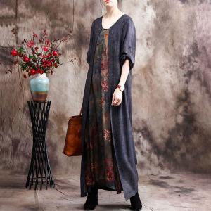 Senior Women Printed Gray Dress Loose Asymmetrical Spring Dress