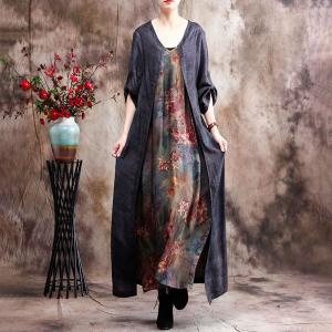 Senior Women Printed Gray Dress Loose Asymmetrical Spring Dress