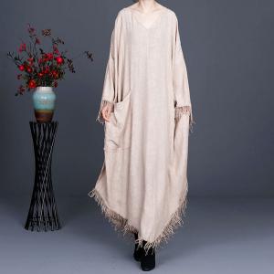 Solid Colors Fringed Cape Dress Linen Plus Size Caftan