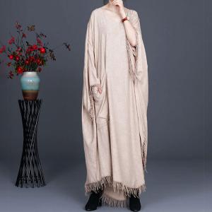 Solid Colors Fringed Cape Dress Linen Plus Size Caftan