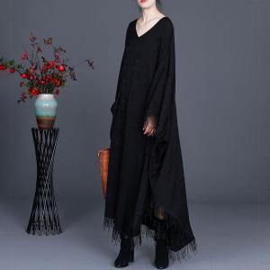 Solid Colors Fringed Cape Dress Linen Plus Size Caftan