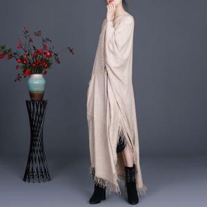 Solid Colors Fringed Cape Dress Linen Plus Size Caftan