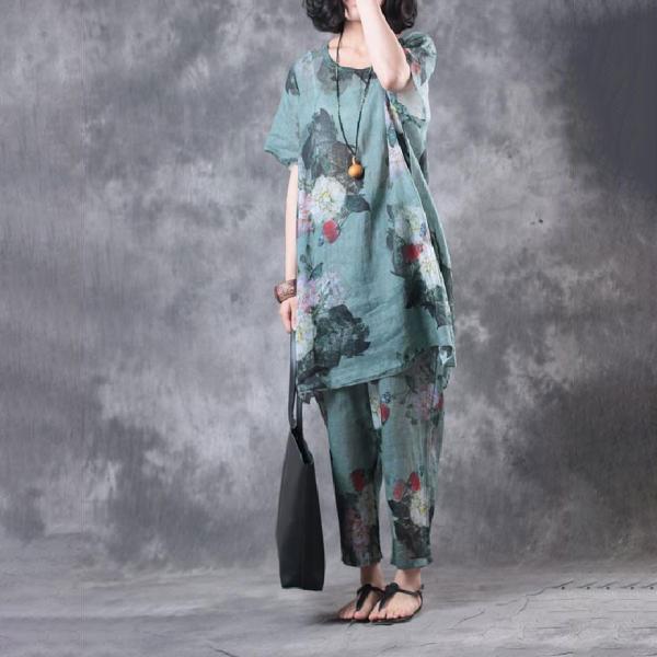 Over50 Style Vintage Flowers Print Loose Top With Linen Comfortable Trousers