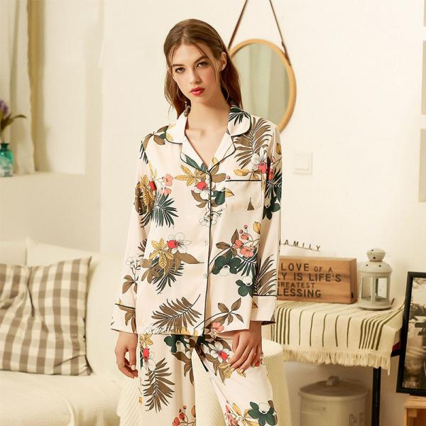 Tropical Flowers Silk Sleepwear with Long Loose Pajamas Pants