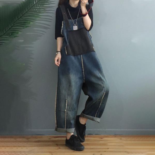 Raw Hem Baggy Denim Bib Overalls Contrast Color Farmer Overalls