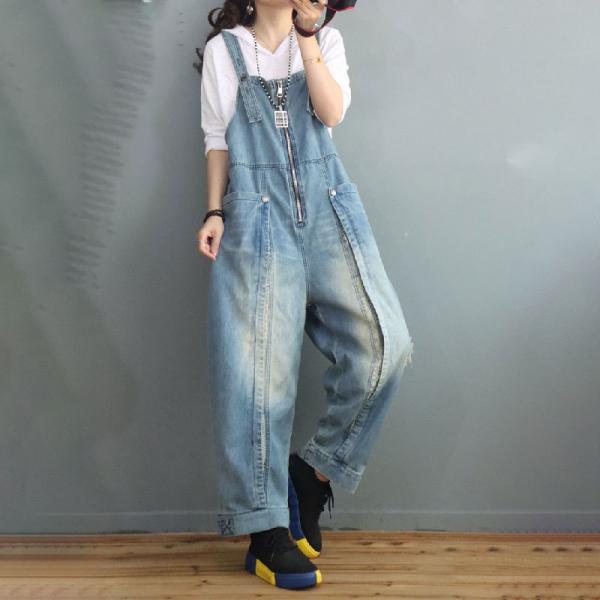 Front Zip Light Wash Jean Overalls Baggy Korean Dungarees