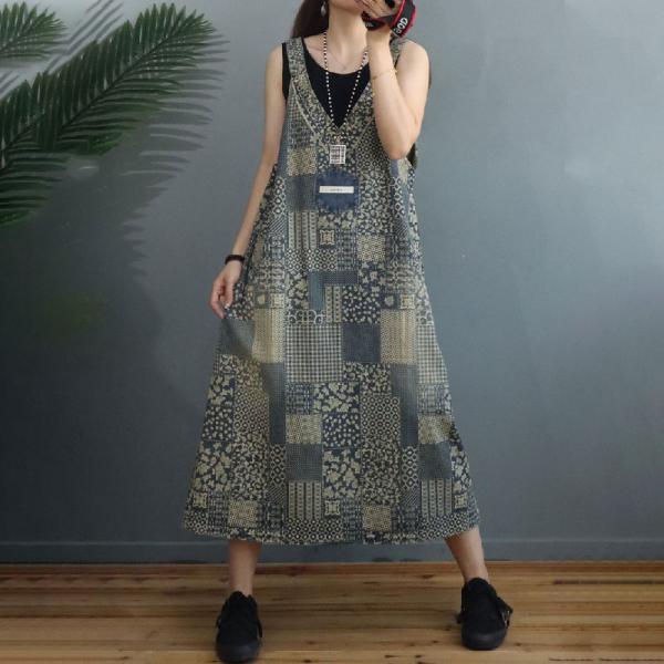V-Neck Vintage Printed Denim Dress Summer Midi Overalls Dress
