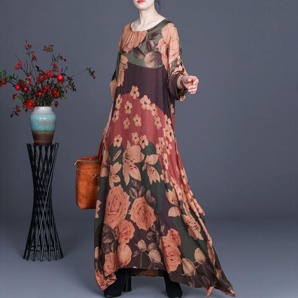 Modest Fashion Flowers Printed Dress Silk Maxi Islamic Dress