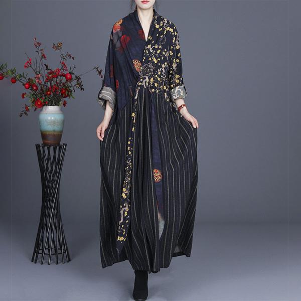 Colorful Printed Belted Maxi Dress Striped Silk Linen Spring Dress