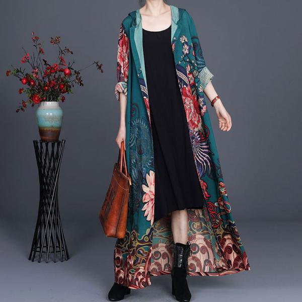 Chinese Printed Vintage Hooded Dress Loose Fit Trench Coat