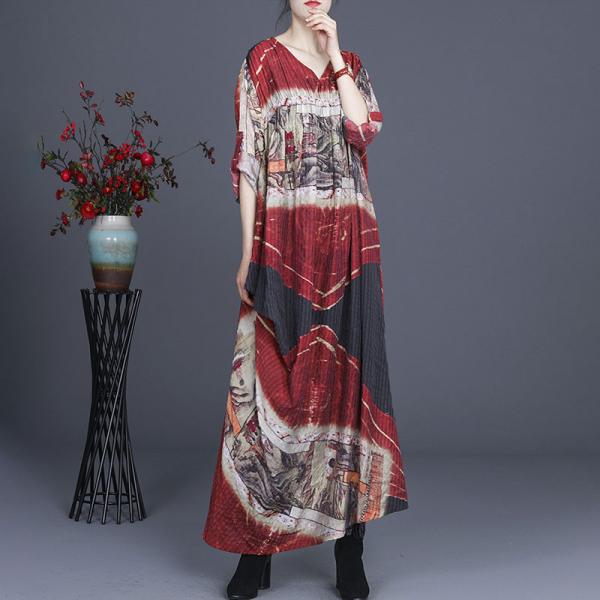 Spring Fashion V-Neck Beach Dress Silk Linen Printed Flowing Dress
