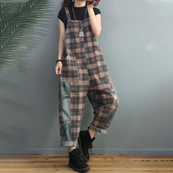Classic Plaids Overalls Casual Printed One-Piece Jeans for Women