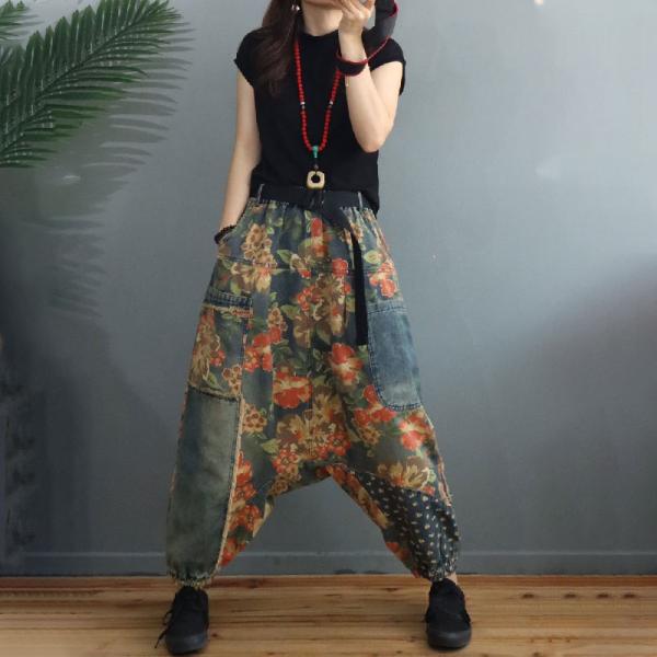 Colorful Flowers Low Crotch Jeans Fringed Hammer Pants for Women