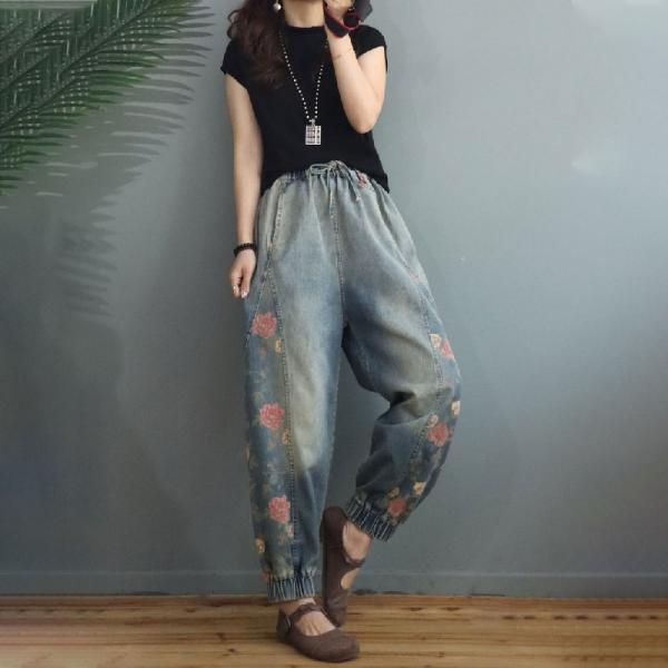 Rose Flowers Tapered Jeans Drawstring Waist Relaxed Bootcut Jeans