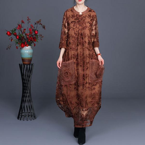 Beautiful Gauze Embroidered Maxi Dress Applique Pockets Sheer Dress