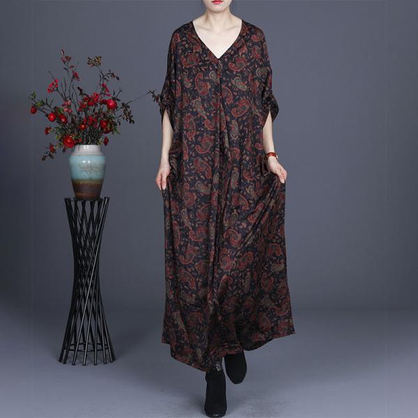 Over50 Style Printed Satin Dress V-Neck Plus Size Maxi Dress
