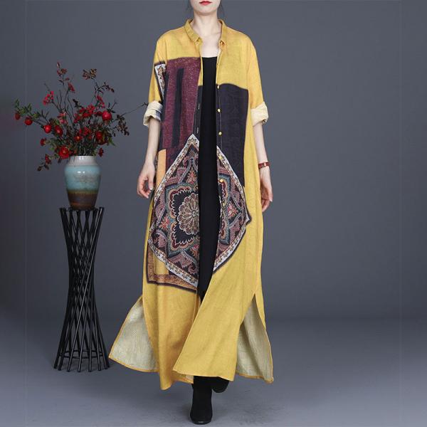 Totem Printed Oversized Shirt Dress Side Slits Long Cardigan