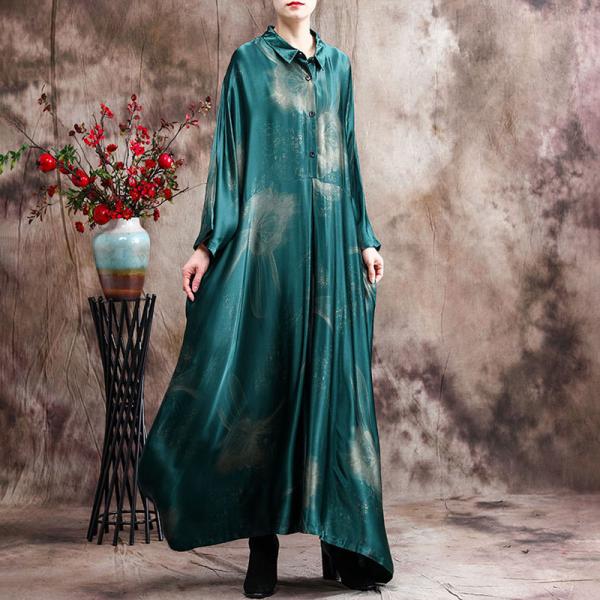 Large Size Printed Maxi Shirt Dress Flare Vintage Dress for Senior Women