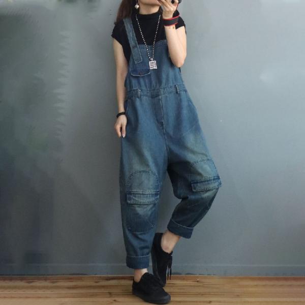 Empire Waist Stone Wash Overall Pants Womens Baggy Farmer Overalls