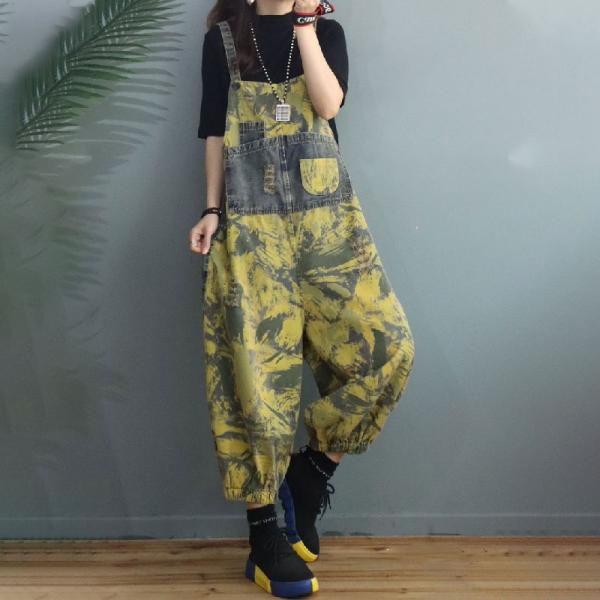 Street Style Yellow Doodles Overalls Denim Puffy Dungarees