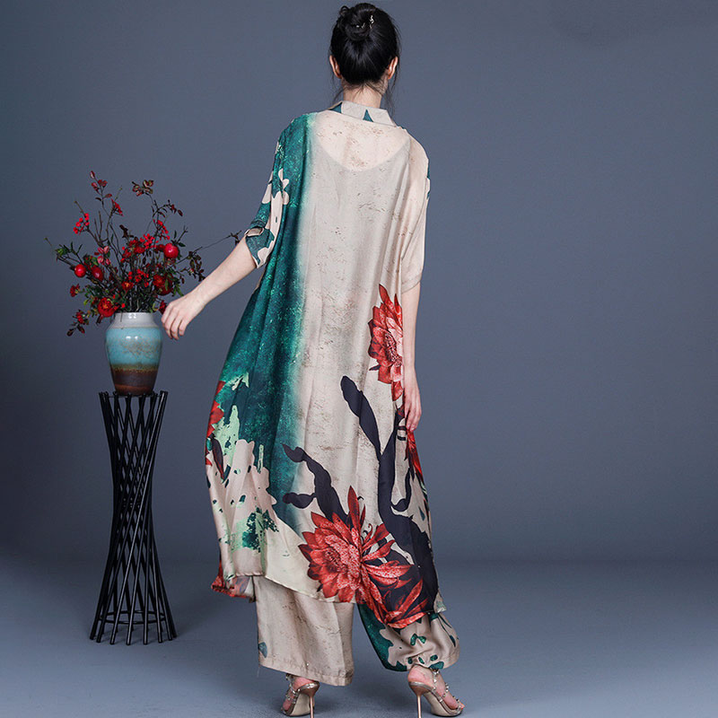 Vintage Flowers Printed Long Shirt with Silky Palazzo Pants in Top and ...