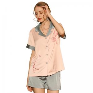 Cute Flamingo Short Sleeve Silk Pajamas with Summer Blue Shorts Sets