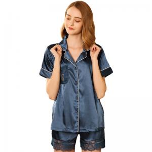 Swan Pocket Blue Silk Nightwear with Lace Trim Shorts