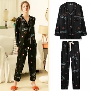 Heart and Letter Long Sleeve Winter Pajamas with Black Long Pants