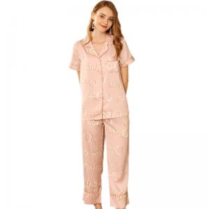 Pink Silky Monogrammed Pajamas with Long Pants for Women