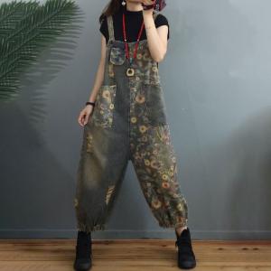 Daisy Flowers Ripped Overalls Womens Loose Fit Dungarees