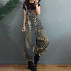 Daisy Flowers Ripped Overalls Womens Loose Fit Dungarees