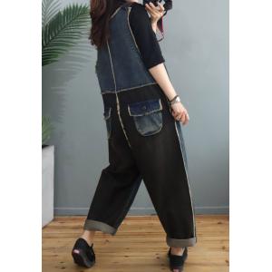 Raw Hem Baggy Denim Bib Overalls Contrast Color Farmer Overalls