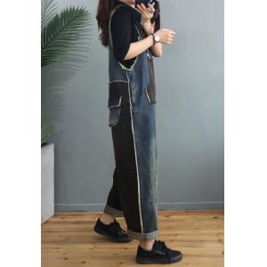 Raw Hem Baggy Denim Bib Overalls Contrast Color Farmer Overalls