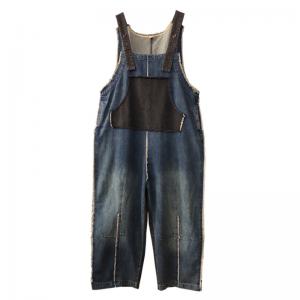 Raw Hem Baggy Denim Bib Overalls Contrast Color Farmer Overalls