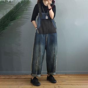 Raw Hem Baggy Denim Bib Overalls Contrast Color Farmer Overalls