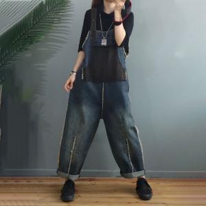 Raw Hem Baggy Denim Bib Overalls Contrast Color Farmer Overalls