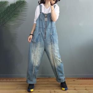 Front Zip Light Wash Jean Overalls Baggy Korean Dungarees