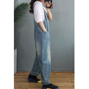 Front Zip Light Wash Jean Overalls Baggy Korean Dungarees