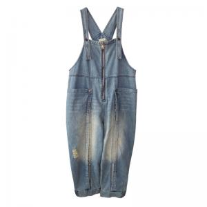 Front Zip Light Wash Jean Overalls Baggy Korean Dungarees