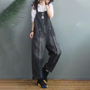 Front Zip Light Wash Jean Overalls Baggy Korean Dungarees