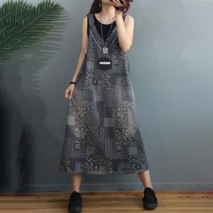 V-Neck Vintage Printed Denim Dress Summer Midi Overalls Dress